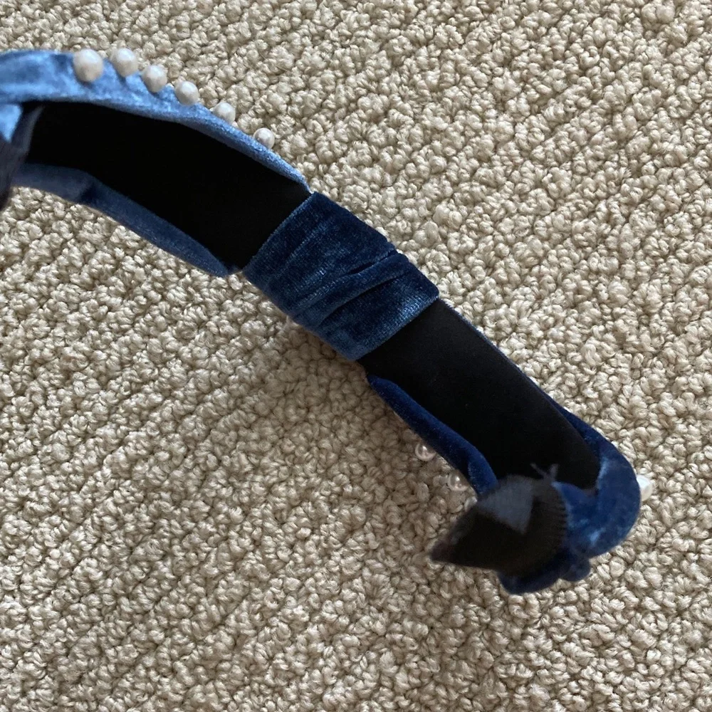 Blue Velvet Headband with Faux Pearls